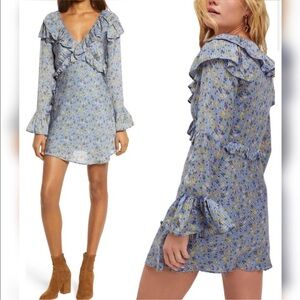 Free people Blue Floral Ruffle V-Neck Long Sleeve Dress